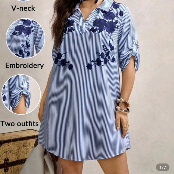 SHEIN Blue Floral Striped Swim Cover-Up - Picture 3 of 7